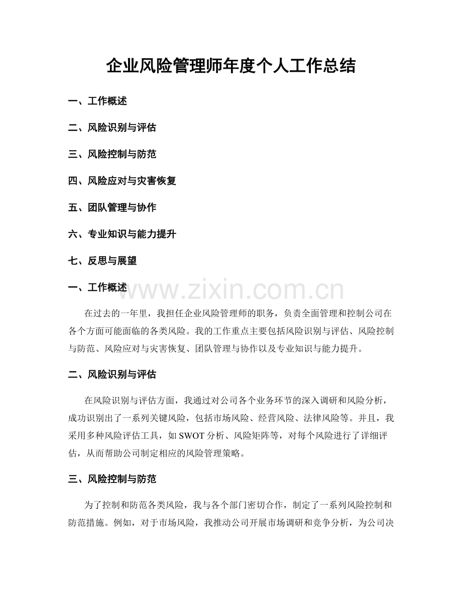 企业风险管理师年度个人工作总结.docx_第1页