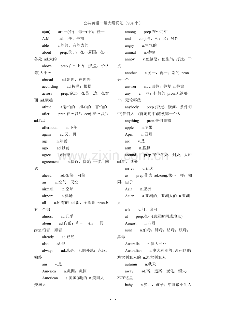 公共英语一级大纲词汇(904个).doc_第1页