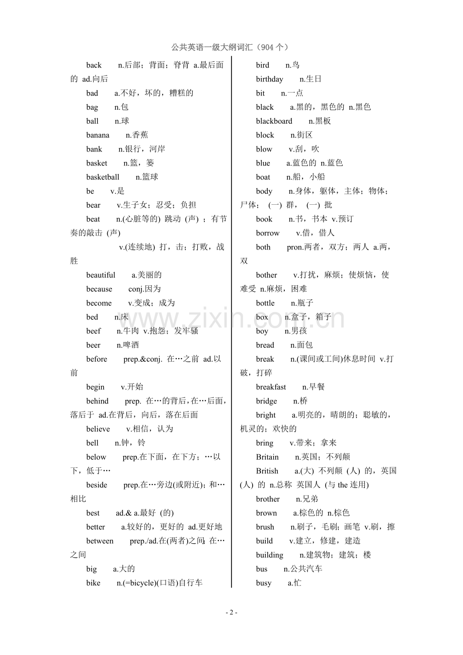 公共英语一级大纲词汇(904个).doc_第2页