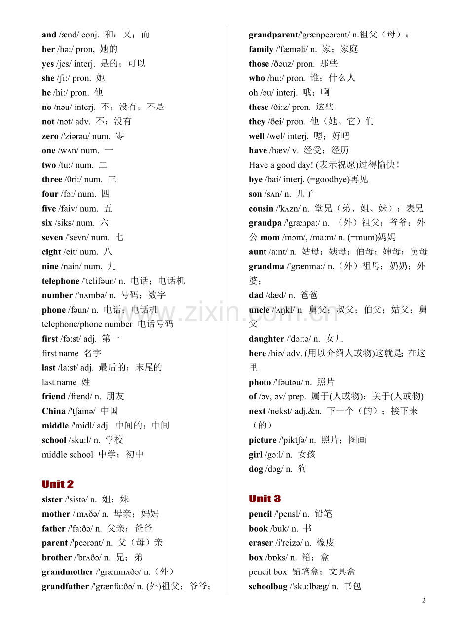 人教版七年级英语上下册各单元单词表(含音标)(2).doc_第2页