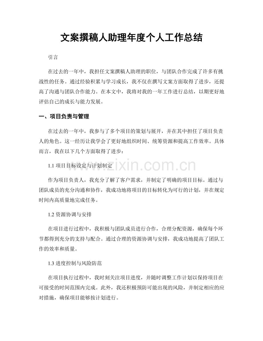 文案撰稿人助理年度个人工作总结.docx_第1页