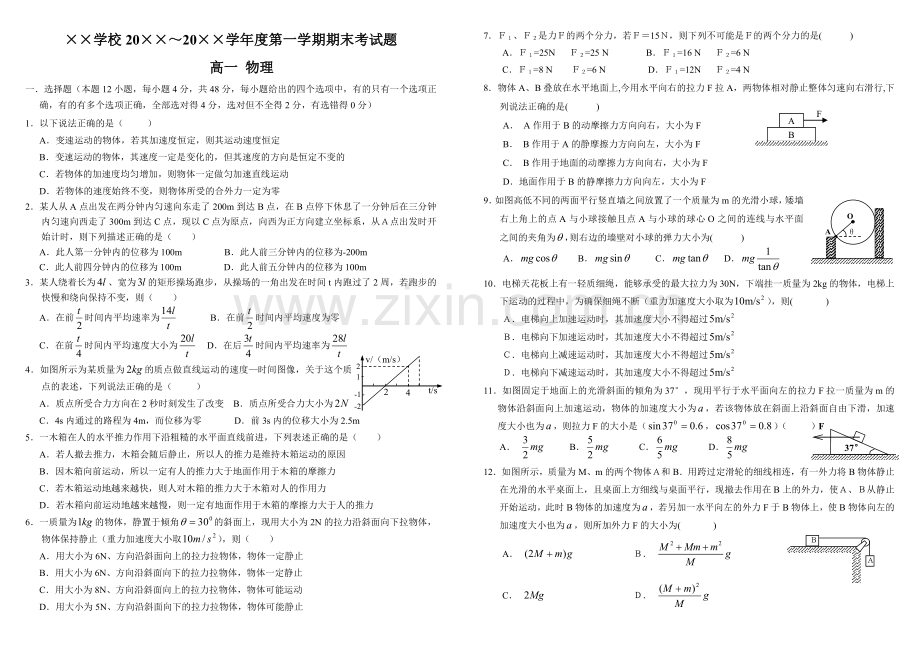 人教版高一物理上学期期末考试试题附答案.doc_第1页