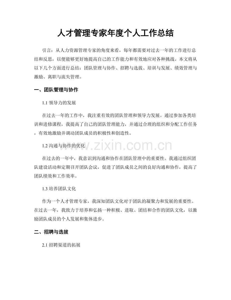 人才管理专家年度个人工作总结.docx_第1页