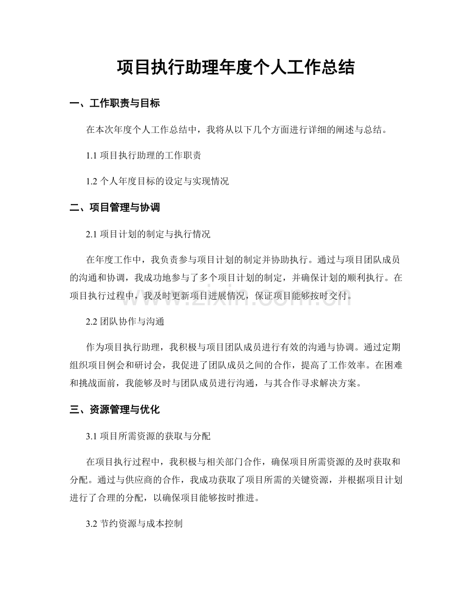 项目执行助理年度个人工作总结.docx_第1页