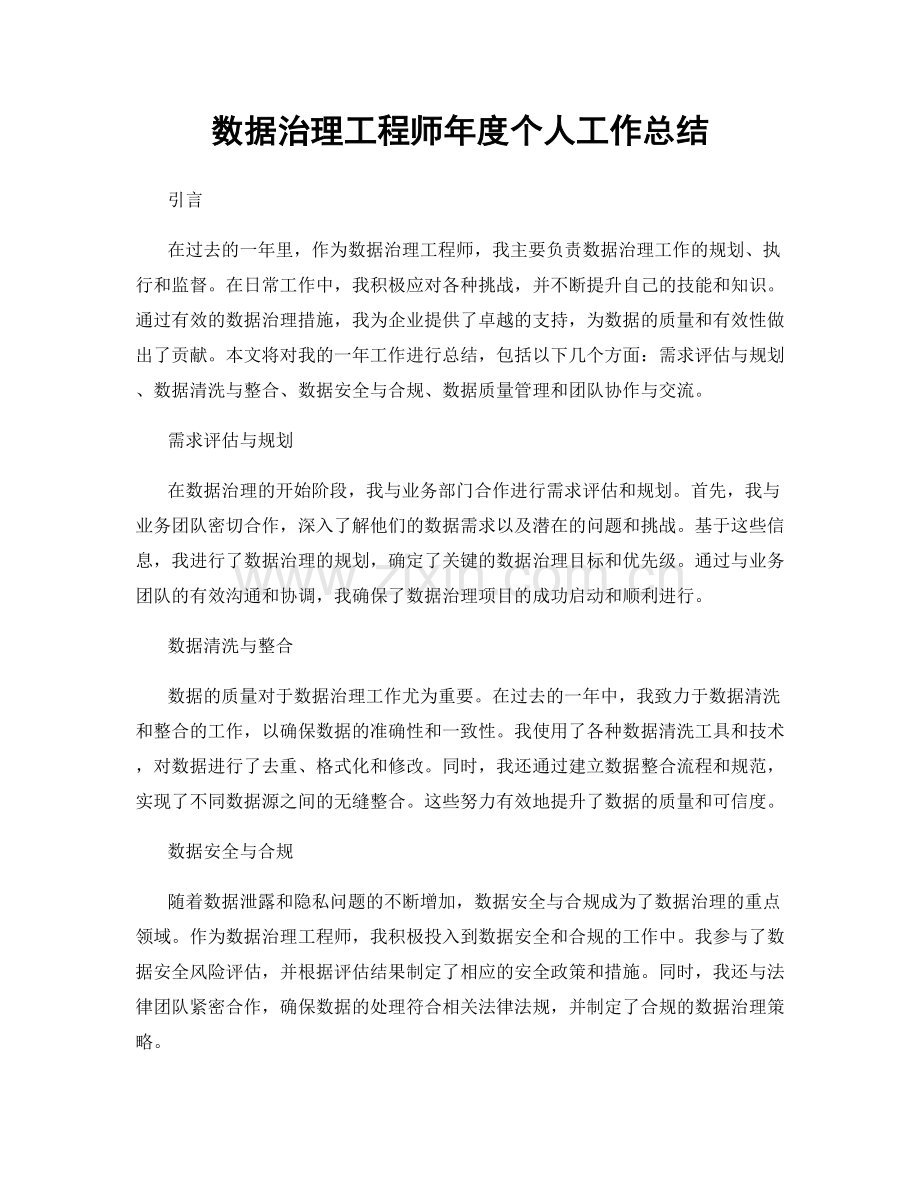 数据治理工程师年度个人工作总结.docx_第1页