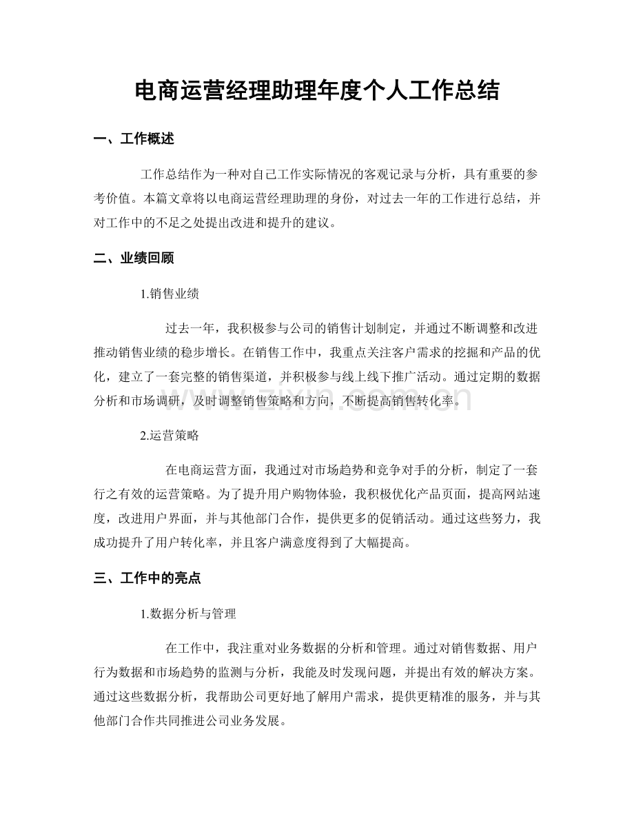 电商运营经理助理年度个人工作总结.docx_第1页