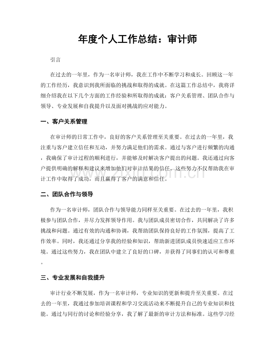 年度个人工作总结：审计师.docx_第1页