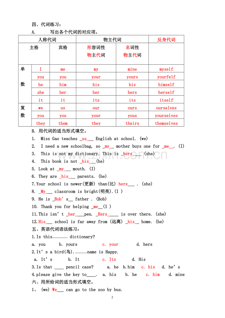 七年级英语人称代词和物主代词练习题及答案.doc_第2页