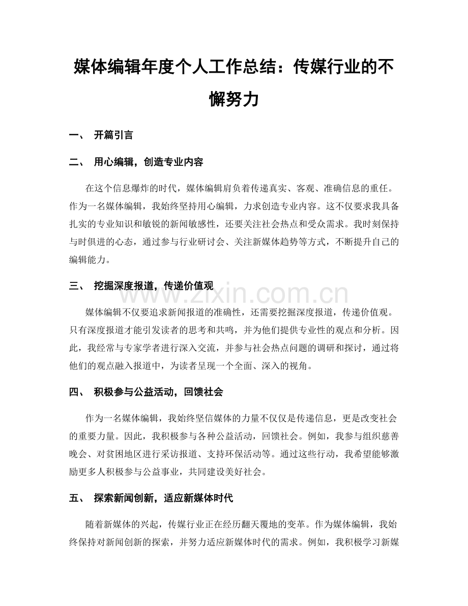 媒体编辑年度个人工作总结：传媒行业的不懈努力.docx_第1页