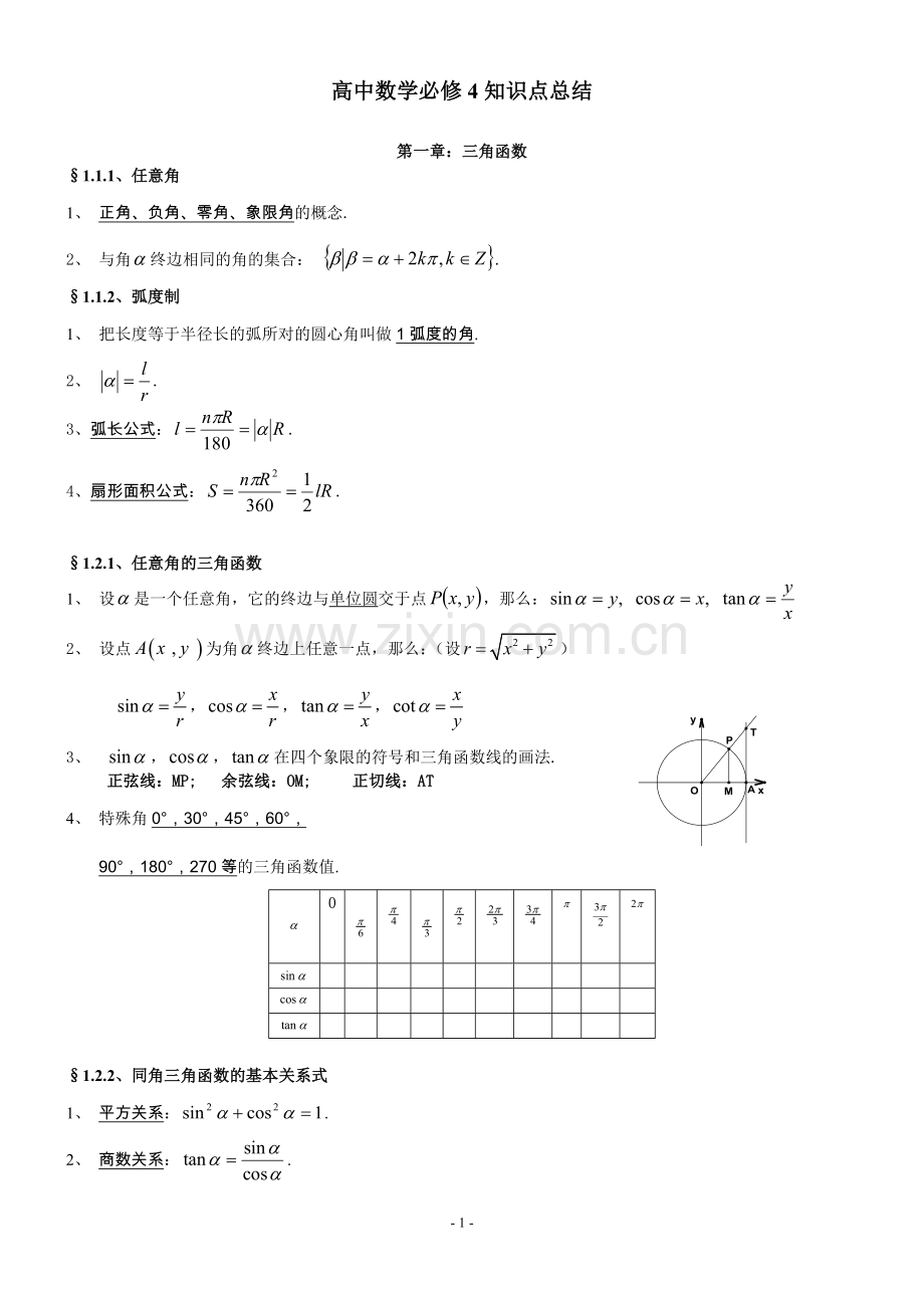 人教版高中数学知识点总结：新课标人教A版高中数学必修4知识点总结.doc_第1页