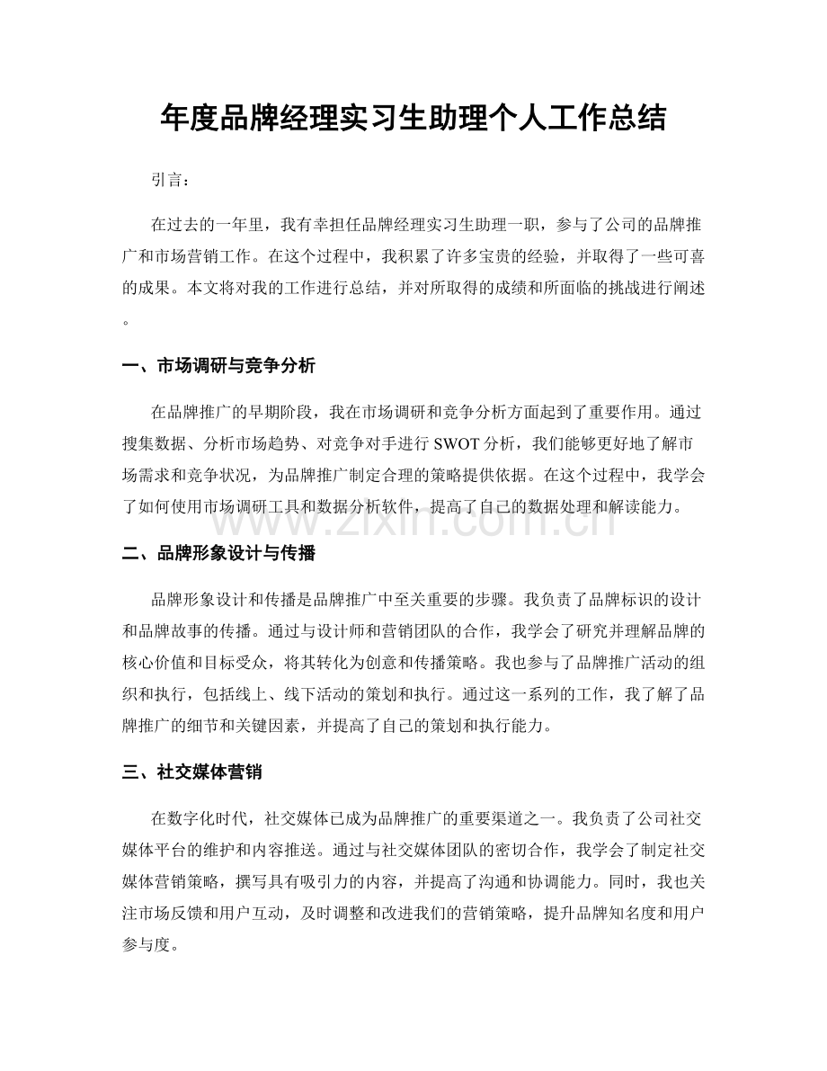 年度品牌经理实习生助理个人工作总结.docx_第1页