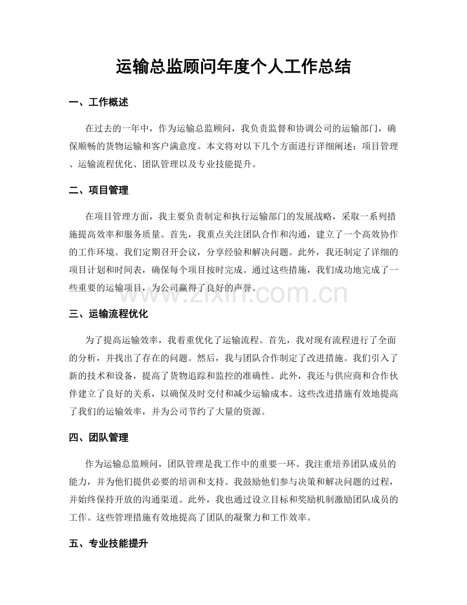 运输总监顾问年度个人工作总结.docx_第1页