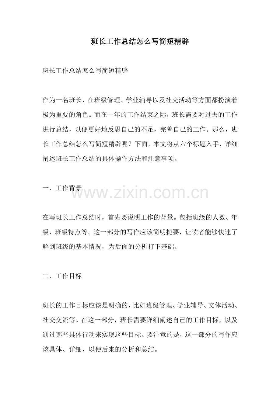 班长工作总结怎么写简短精辟.docx_第1页