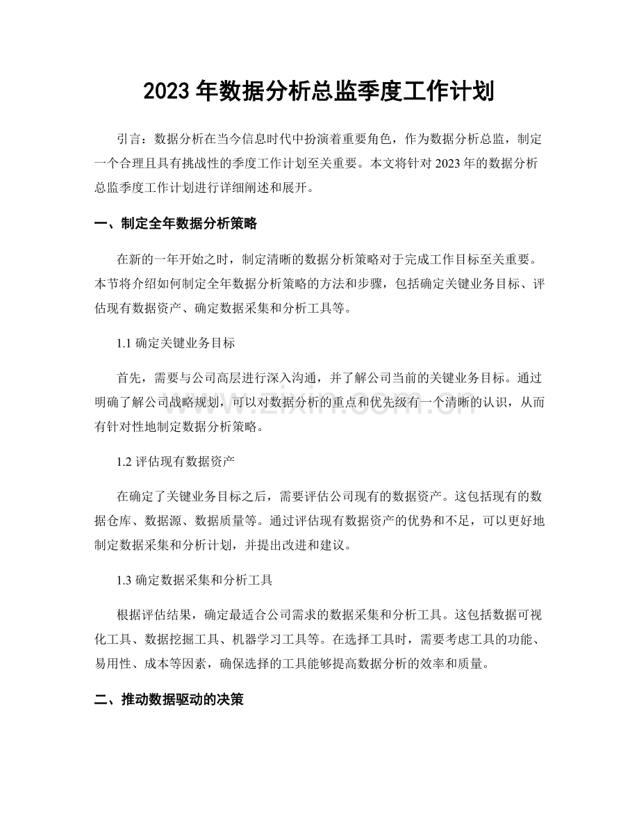 2023年数据分析总监季度工作计划.docx_第1页