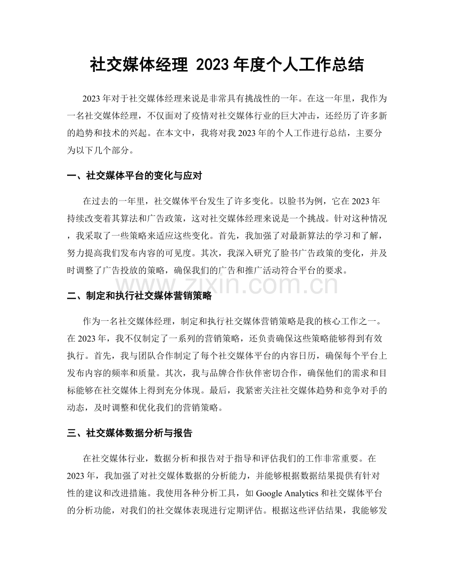 社交媒体经理 2023年度个人工作总结.docx_第1页