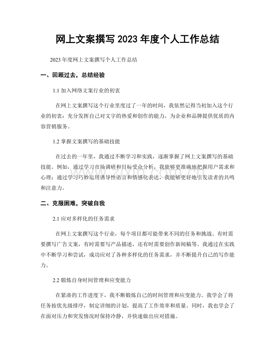 网上文案撰写2023年度个人工作总结.docx_第1页