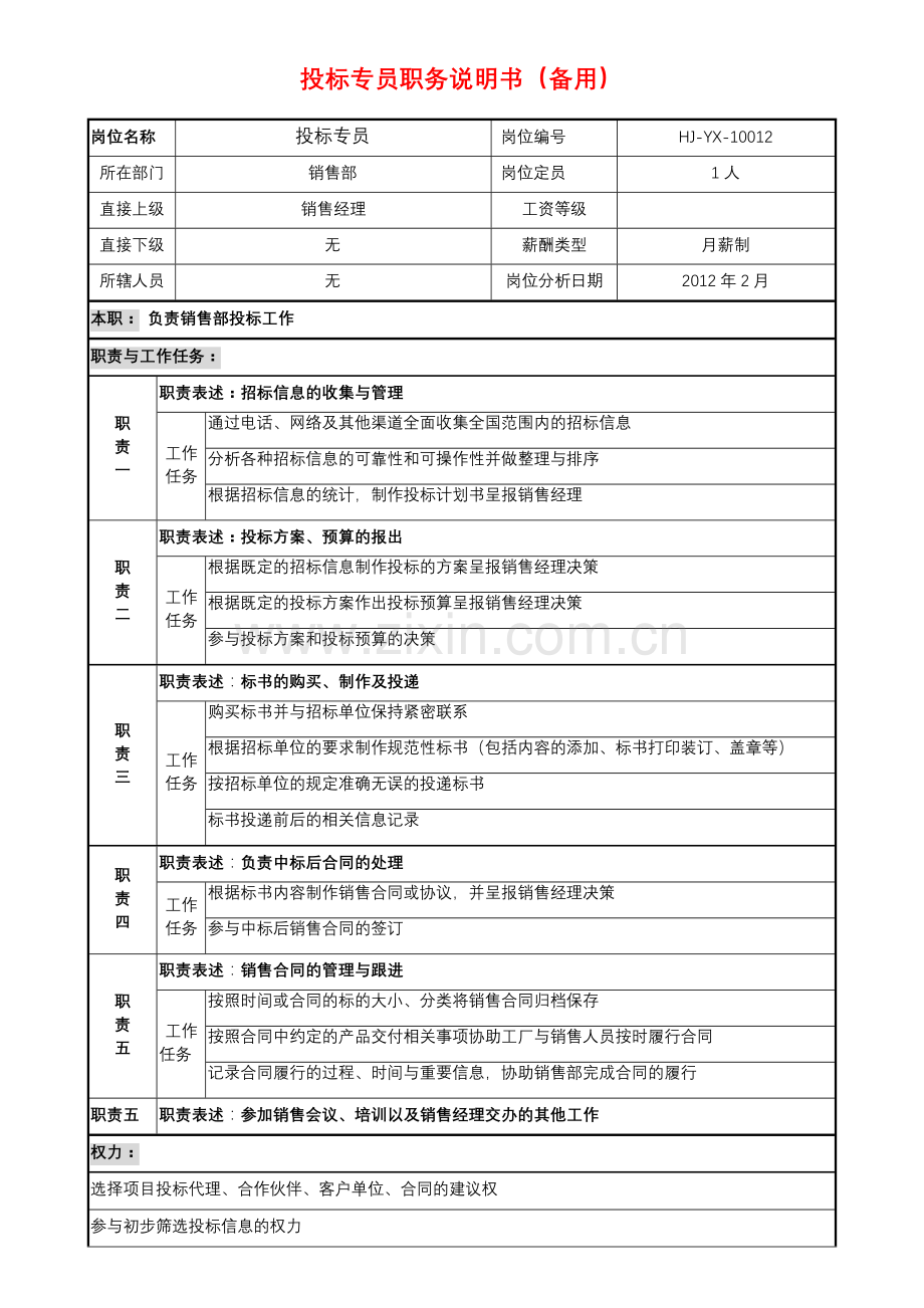 投标专员职务说明书.doc_第1页