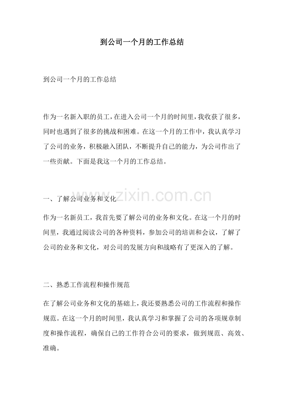 到公司一个月的工作总结.docx_第1页