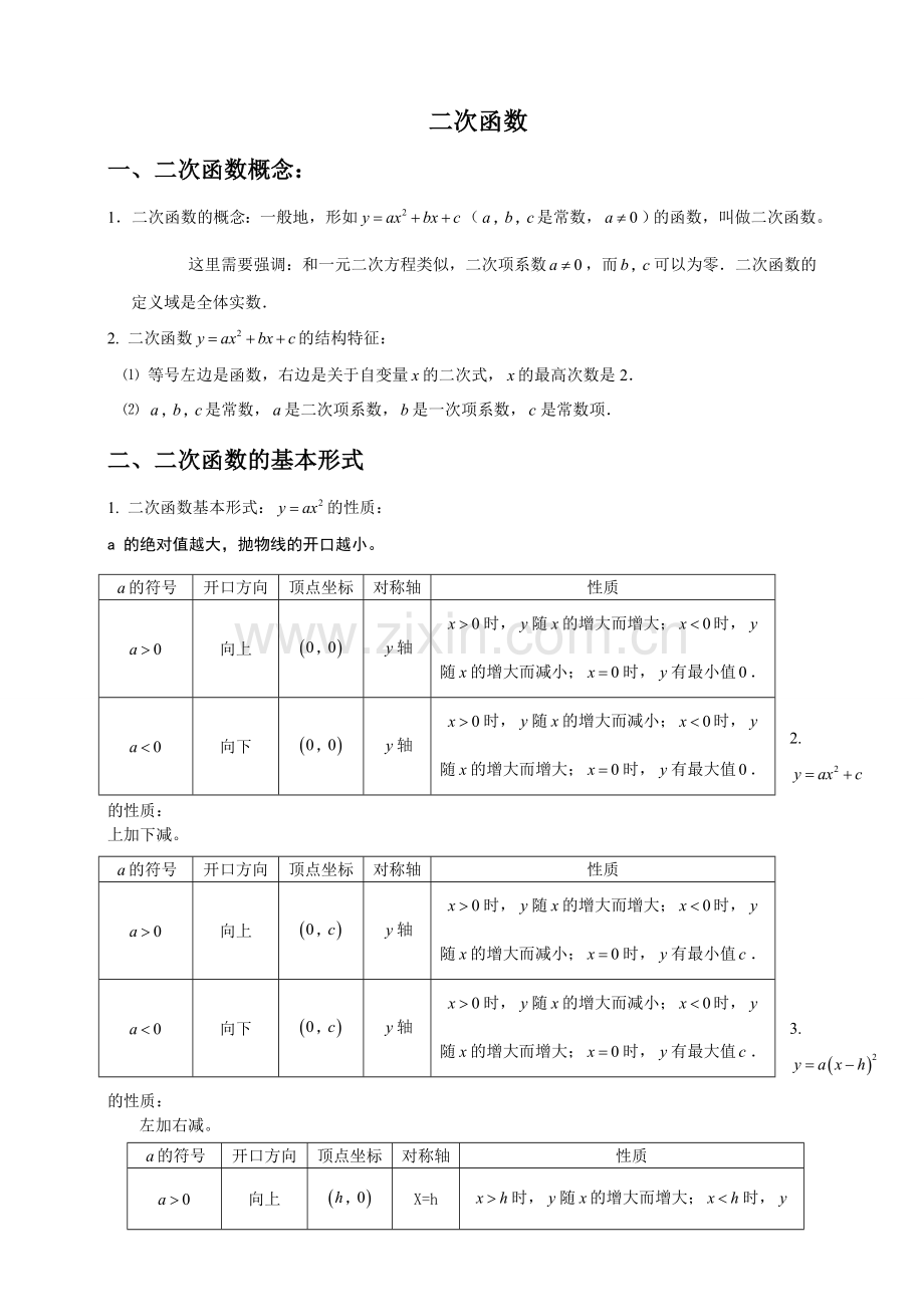 人教版初三数学二次函数知识点总结及经典习题含答案.doc_第1页