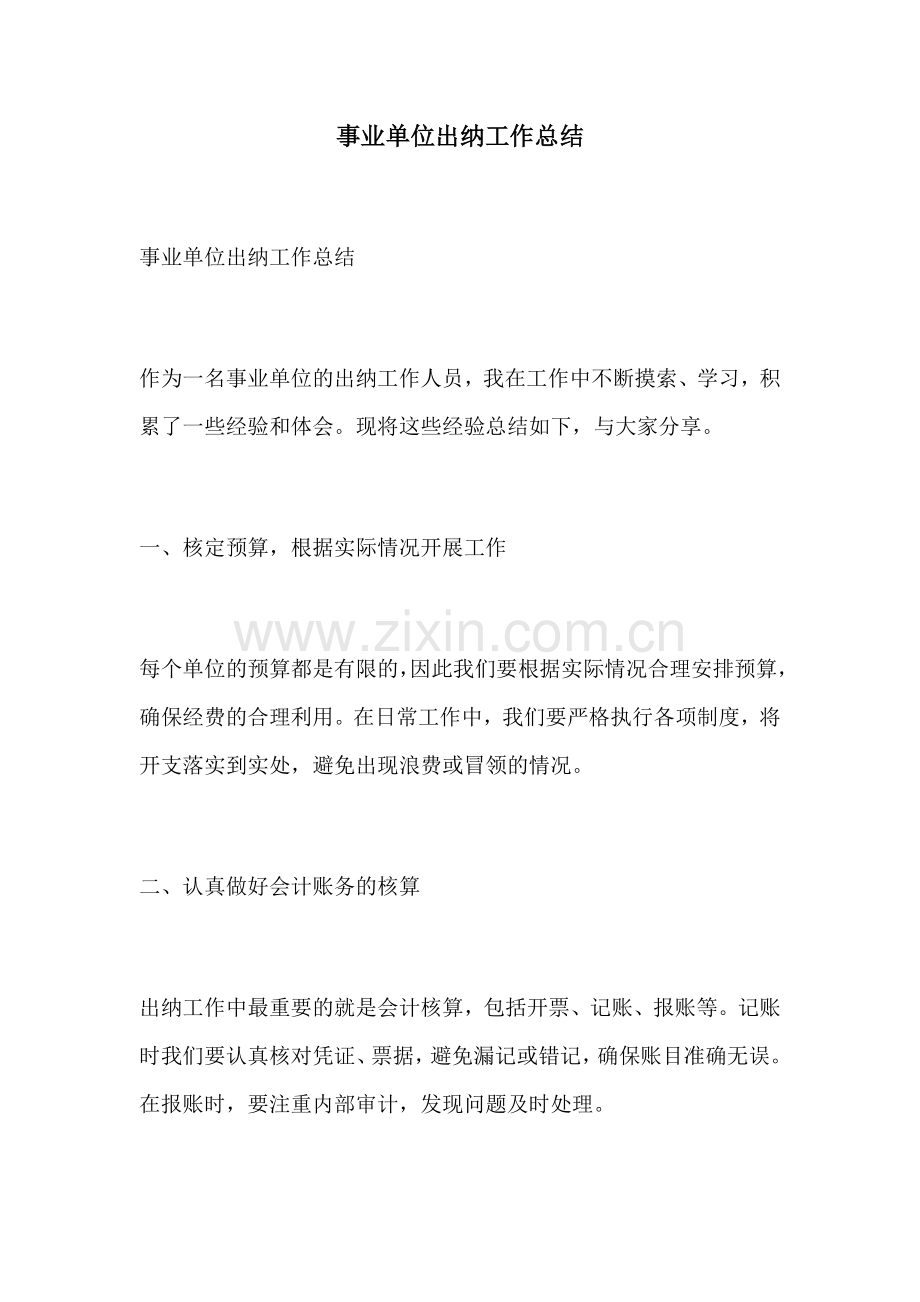 事业单位出纳工作总结.docx_第1页