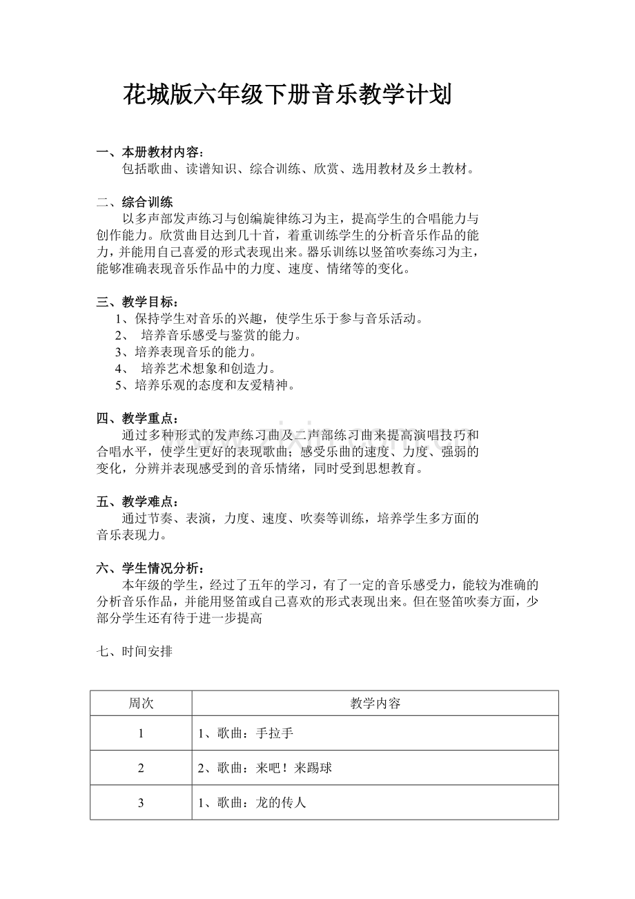 花城版六年级下册音乐教学计划.doc_第1页