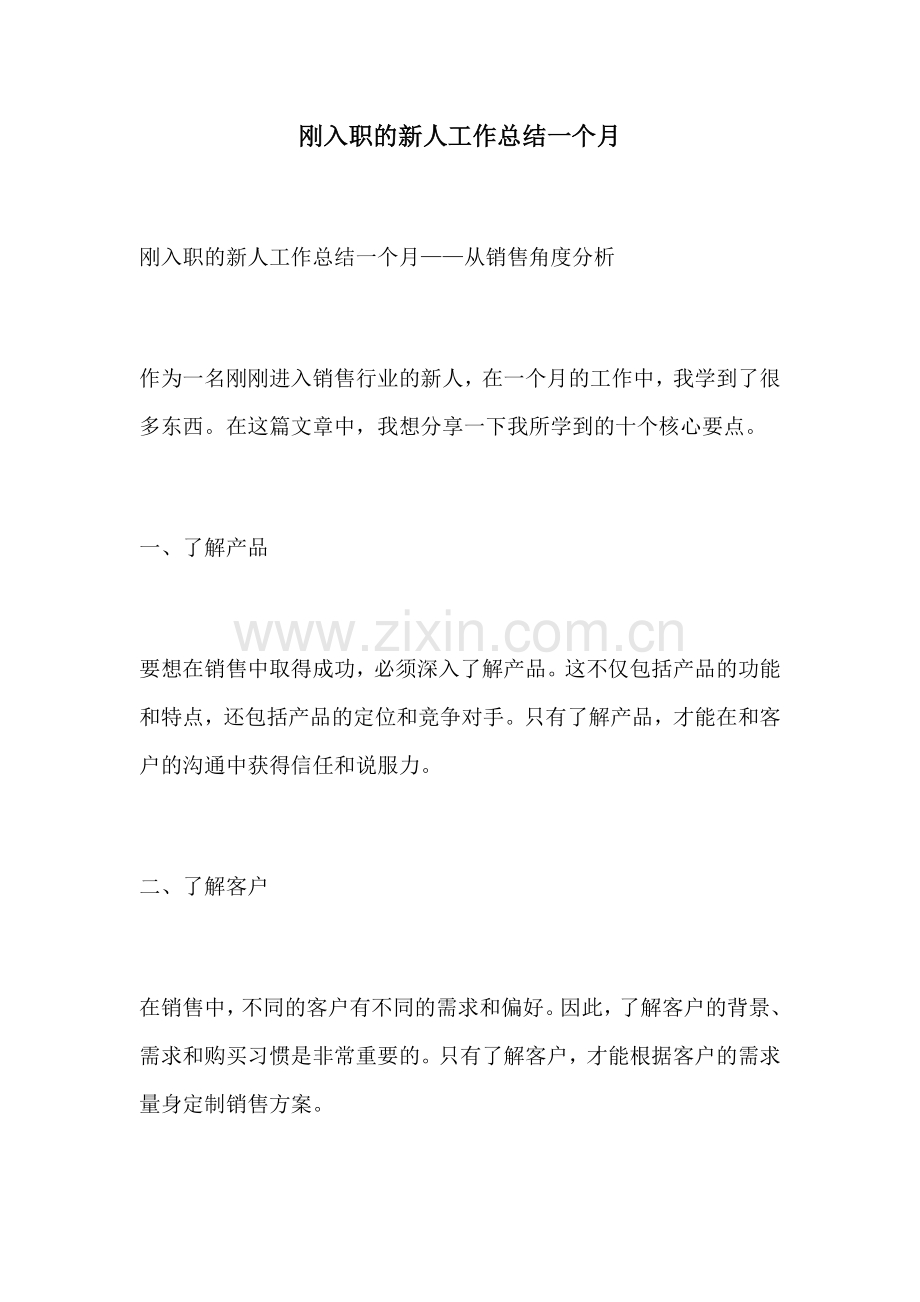 刚入职的新人工作总结一个月.docx_第1页