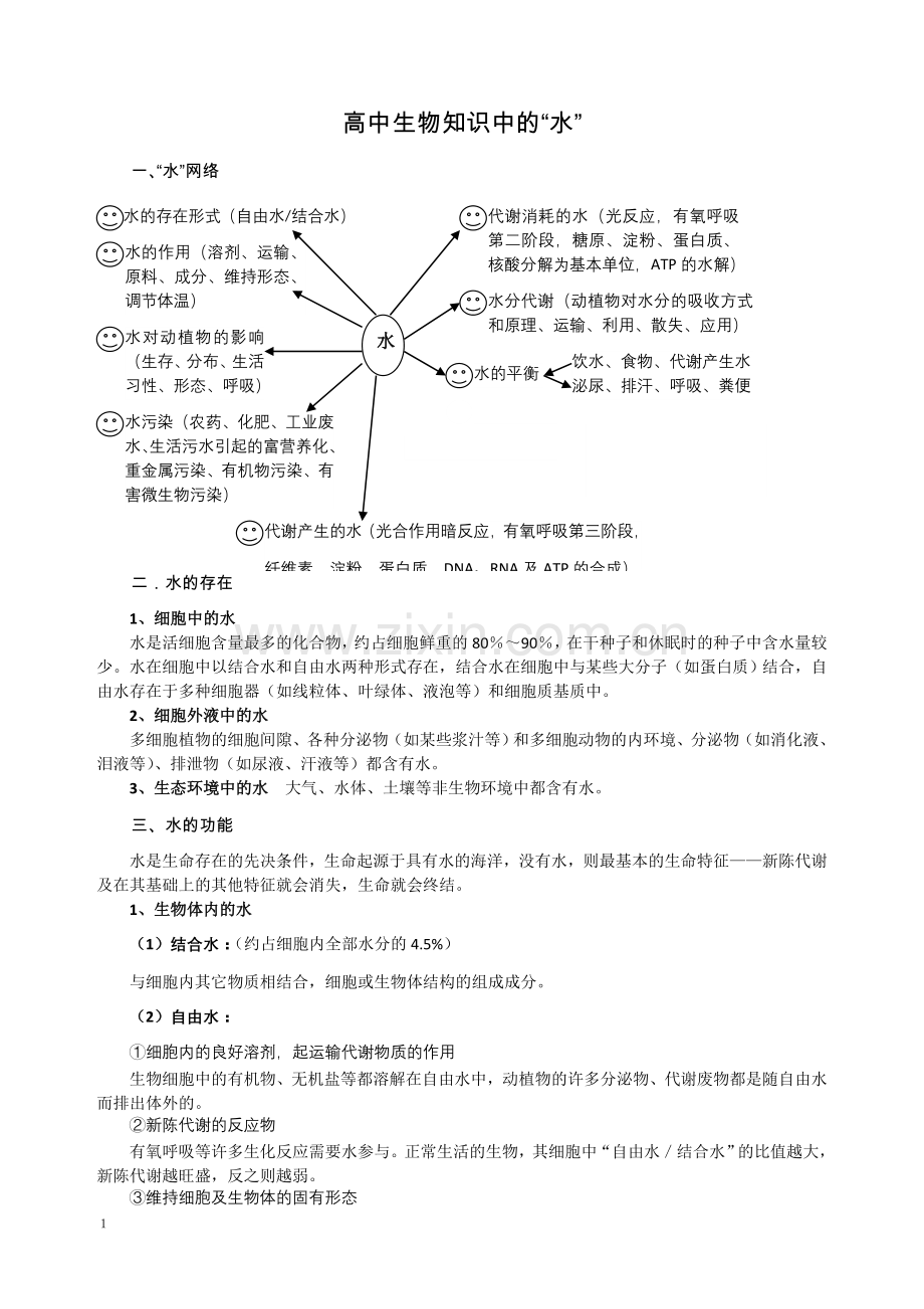 高中生物知识中的“水”(知识+练习+答案).doc_第1页