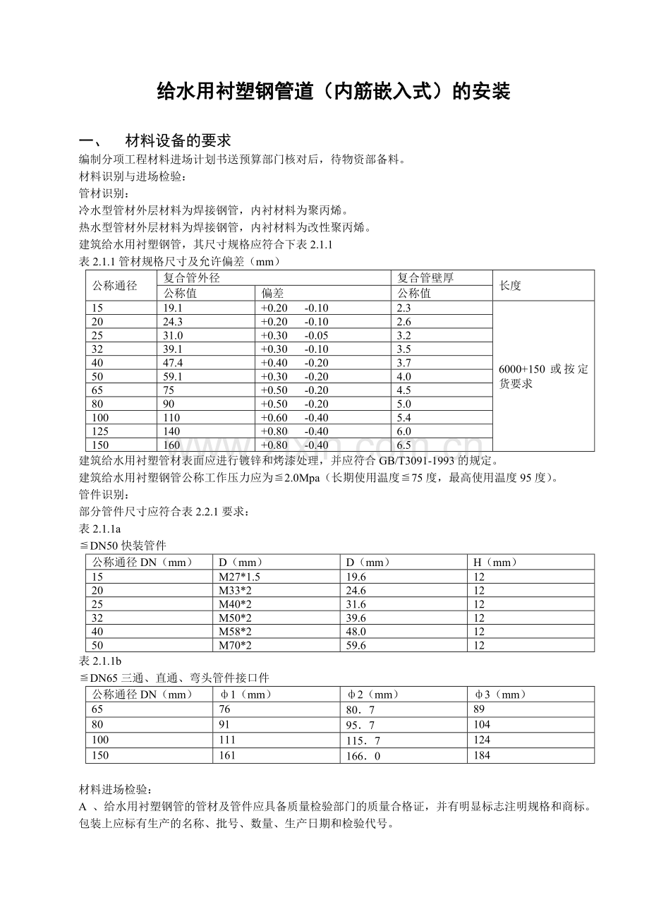 给水用衬塑钢管道的安装.doc_第1页