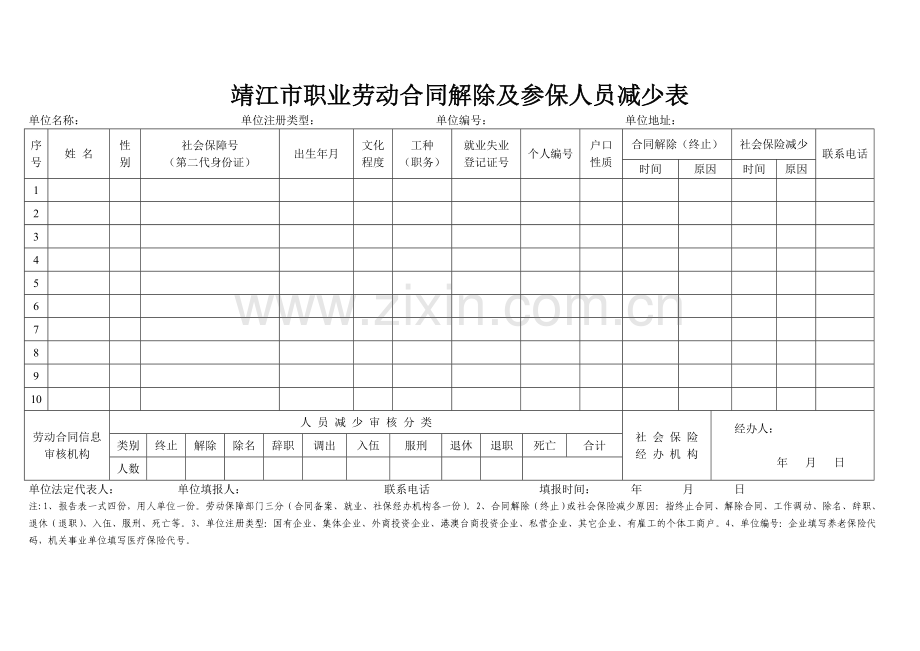 靖江市职业劳动合同解除及参保人员减少表.doc_第1页