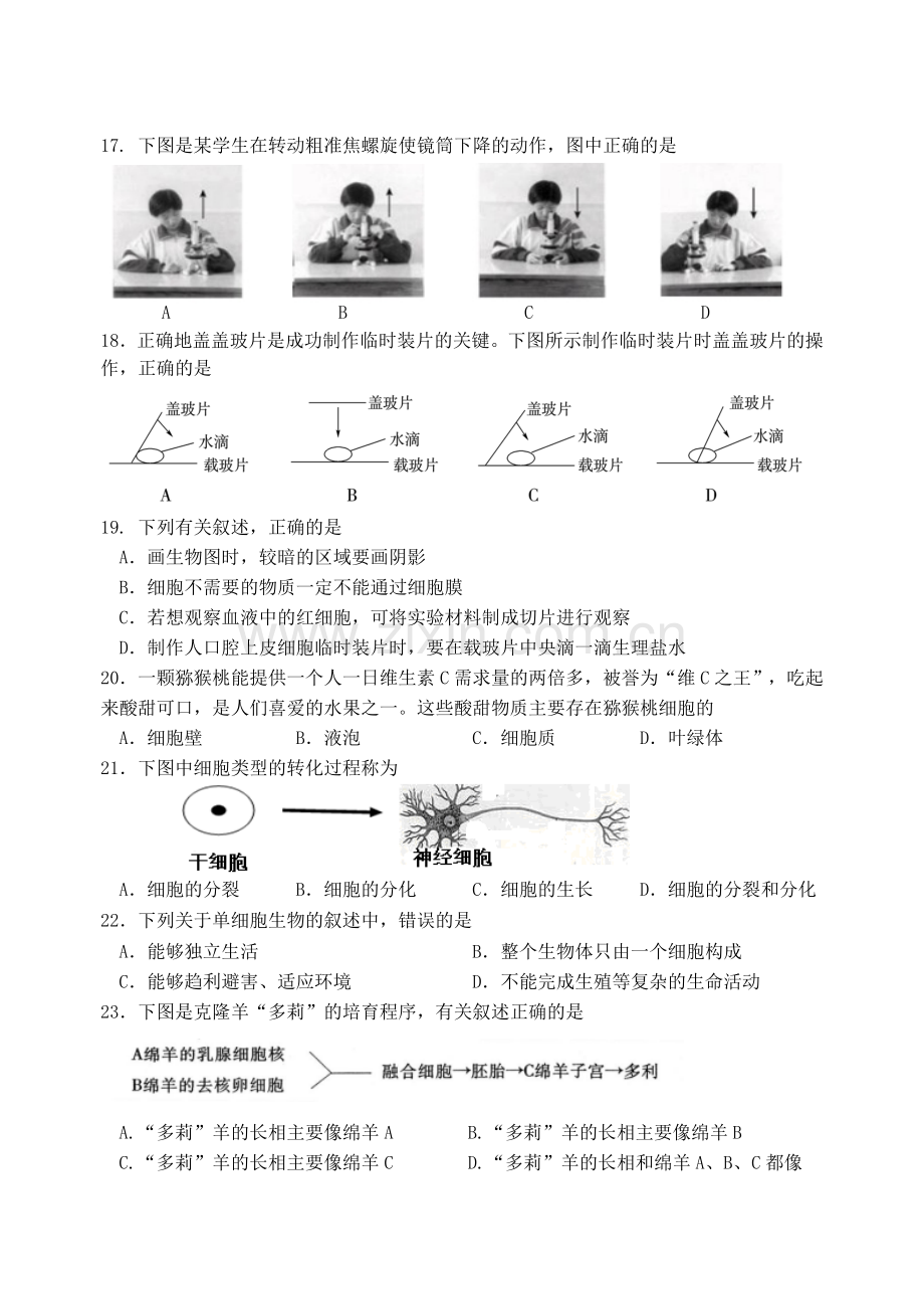 初一生物上册期末考试试题含答案.doc_第3页