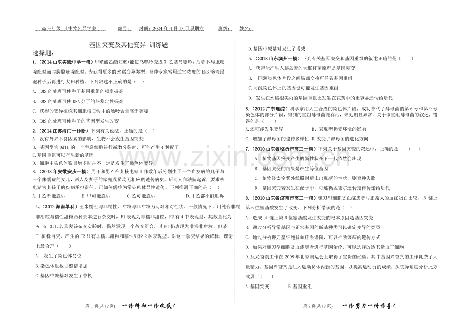 基因突变及其他变异-综合练习题.doc_第1页