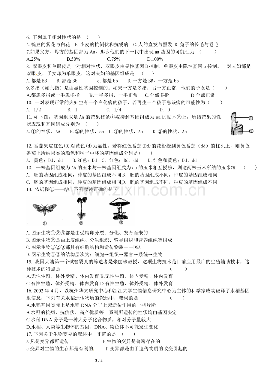 初中生物中考专题复习-遗传与变异.doc_第2页