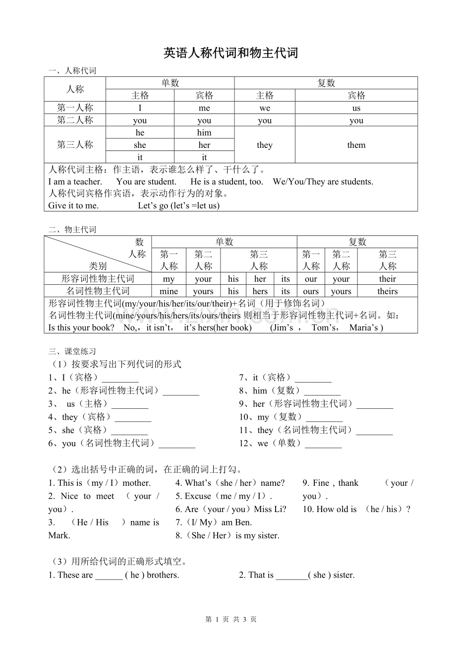 小学英语人称代词和物主代词总结.doc_第1页