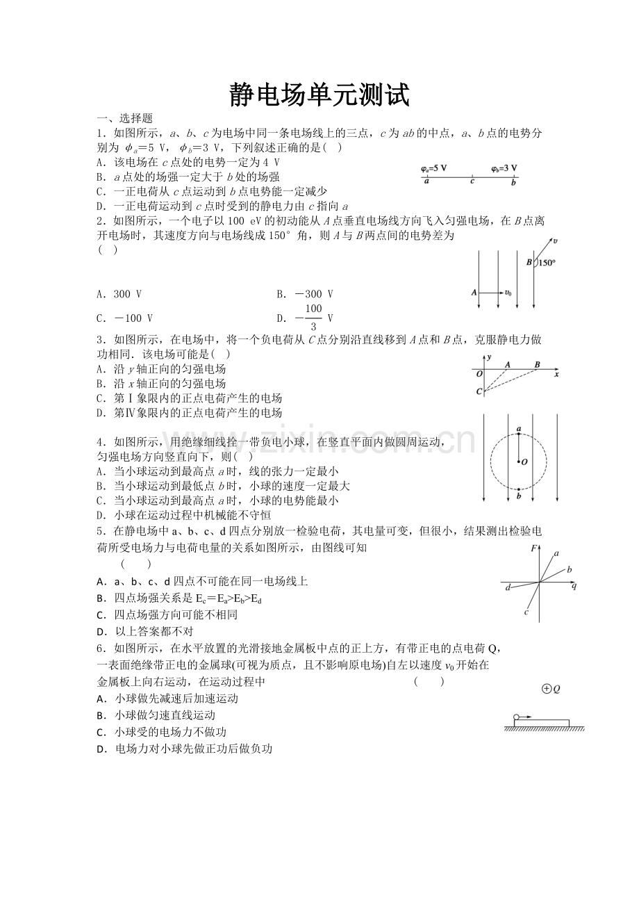 高中物理选修3-1静电场测试题单元测试及答案.doc_第1页