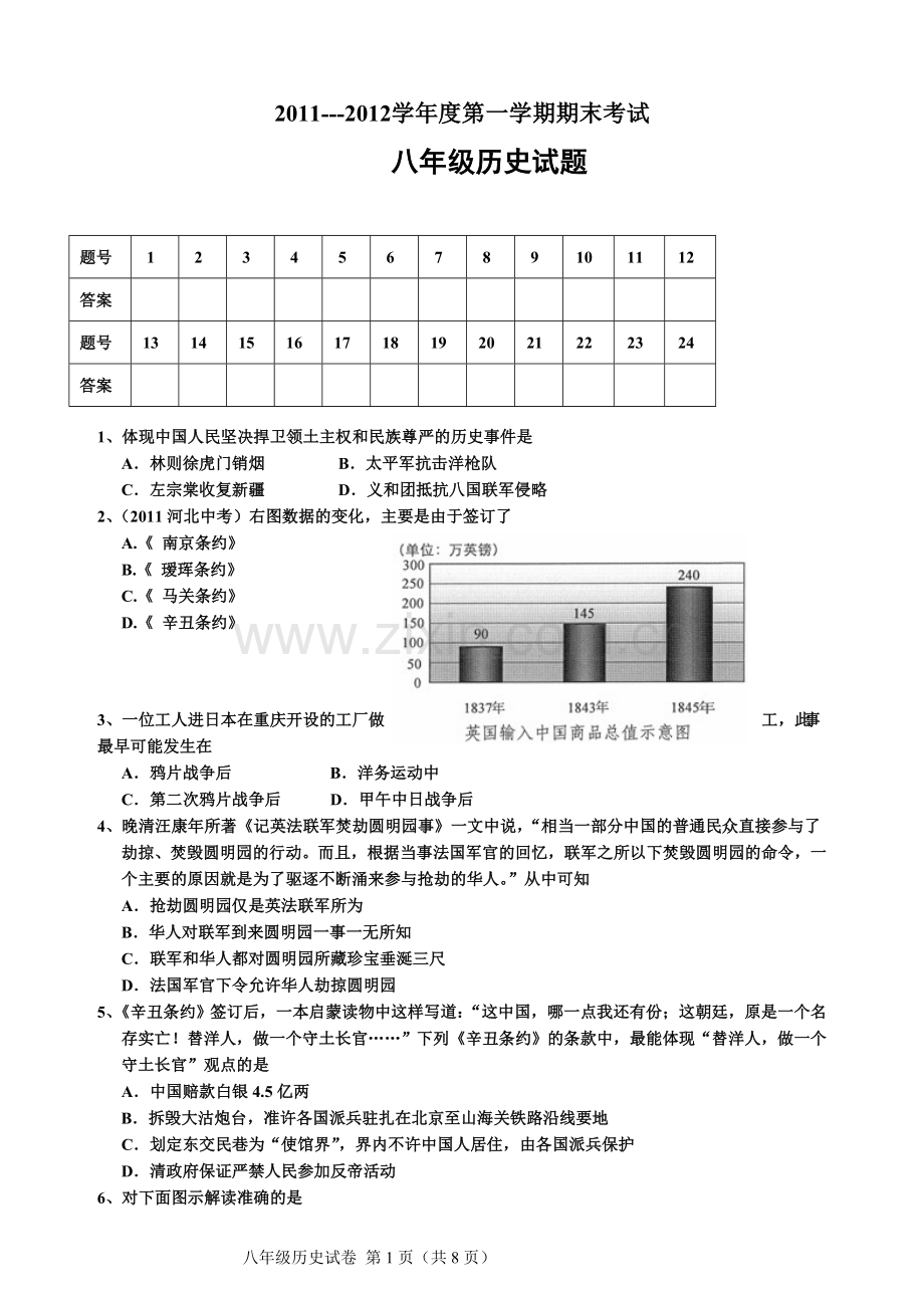 人教版历史八年级上册试题(含答案).doc_第1页