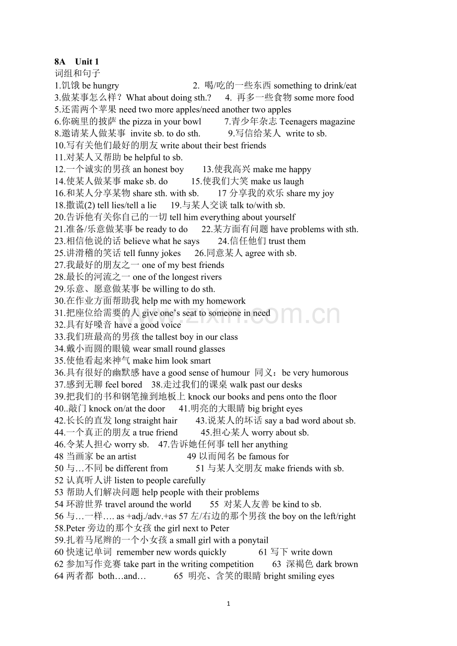 苏教版八年级上册unit1-4词组句型.doc_第1页