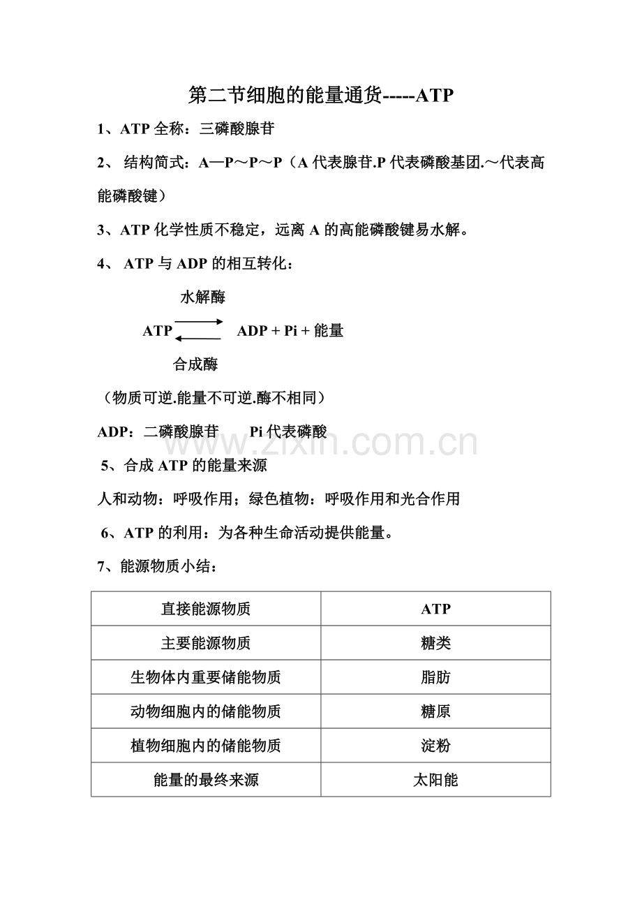 细胞的能量通货ATP知识点.doc_第1页