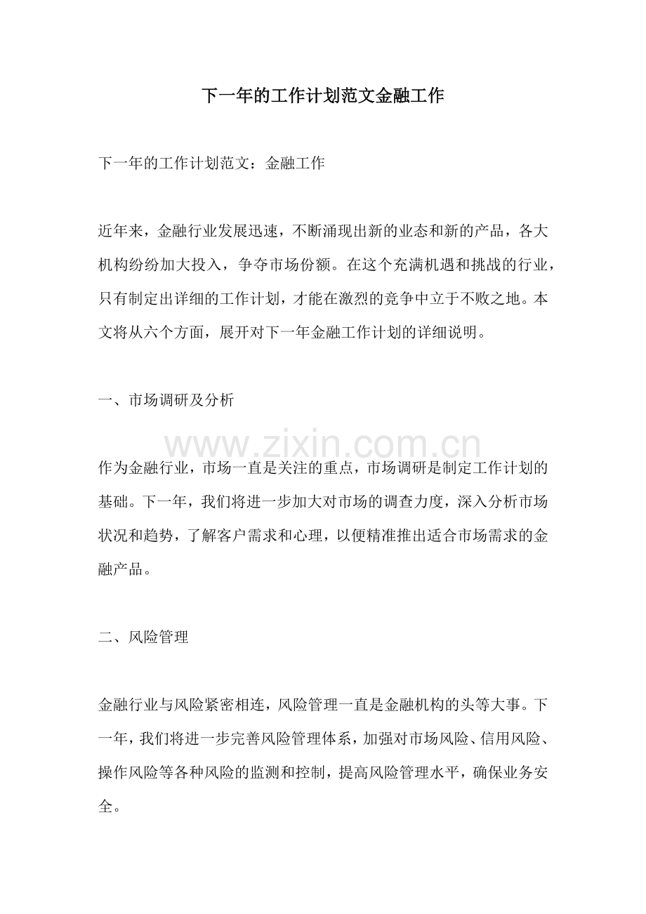 下一年的工作计划范文金融工作.docx_第1页