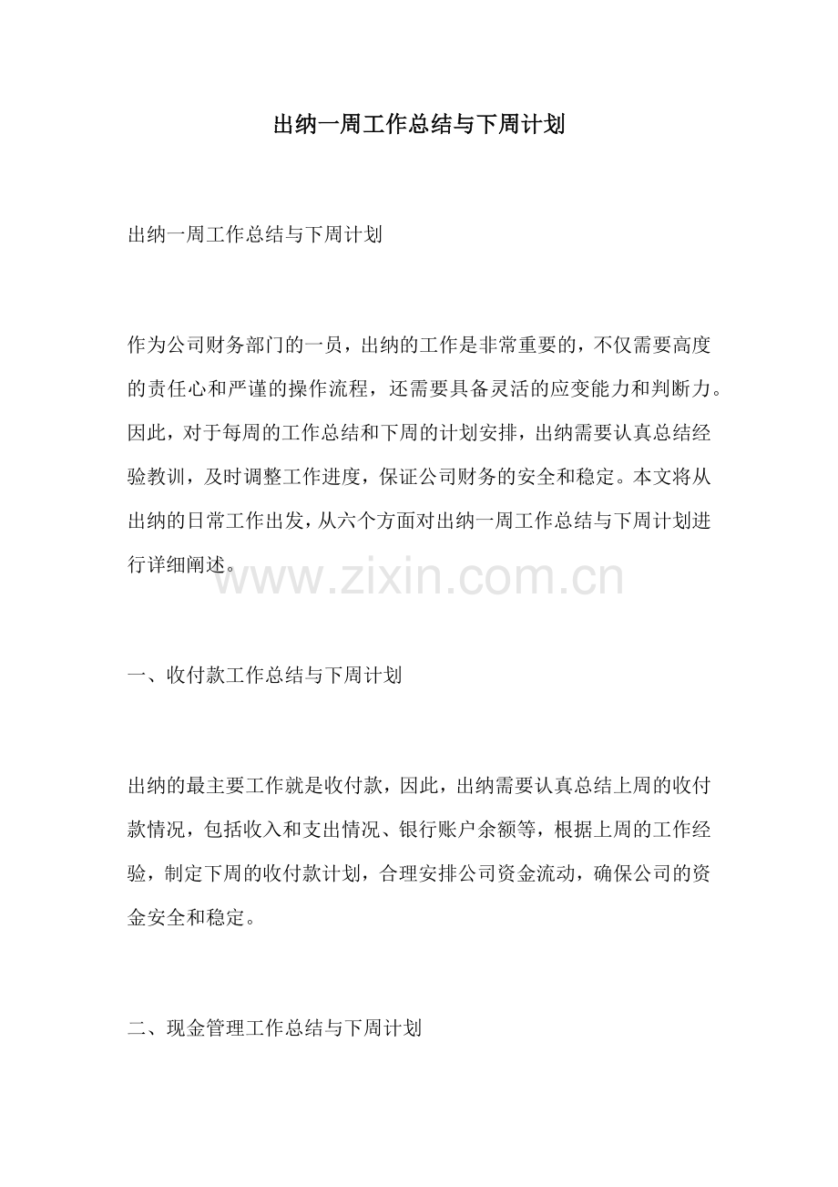 出纳一周工作总结与下周计划.docx_第1页