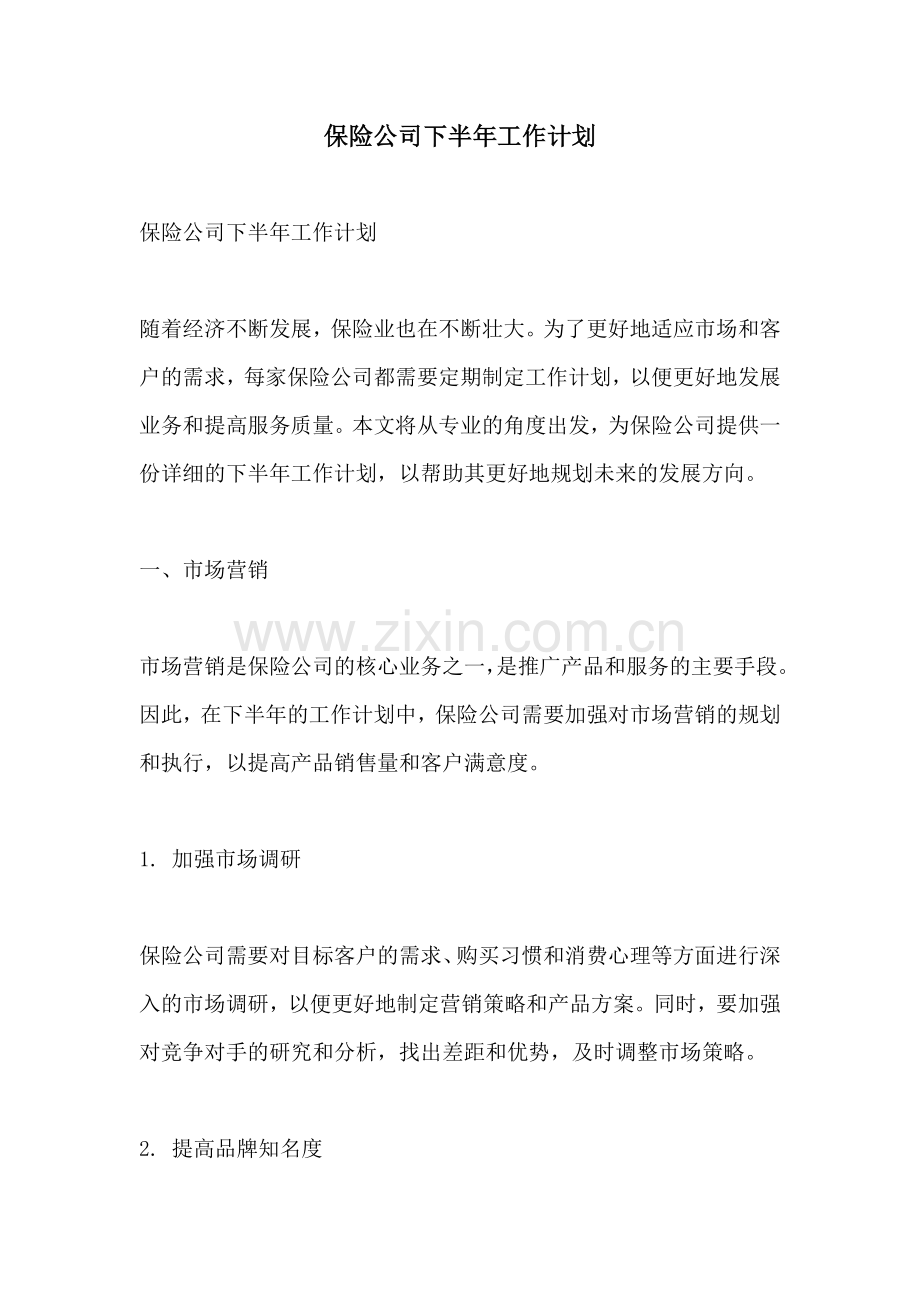 保险公司下半年工作计划.docx_第1页