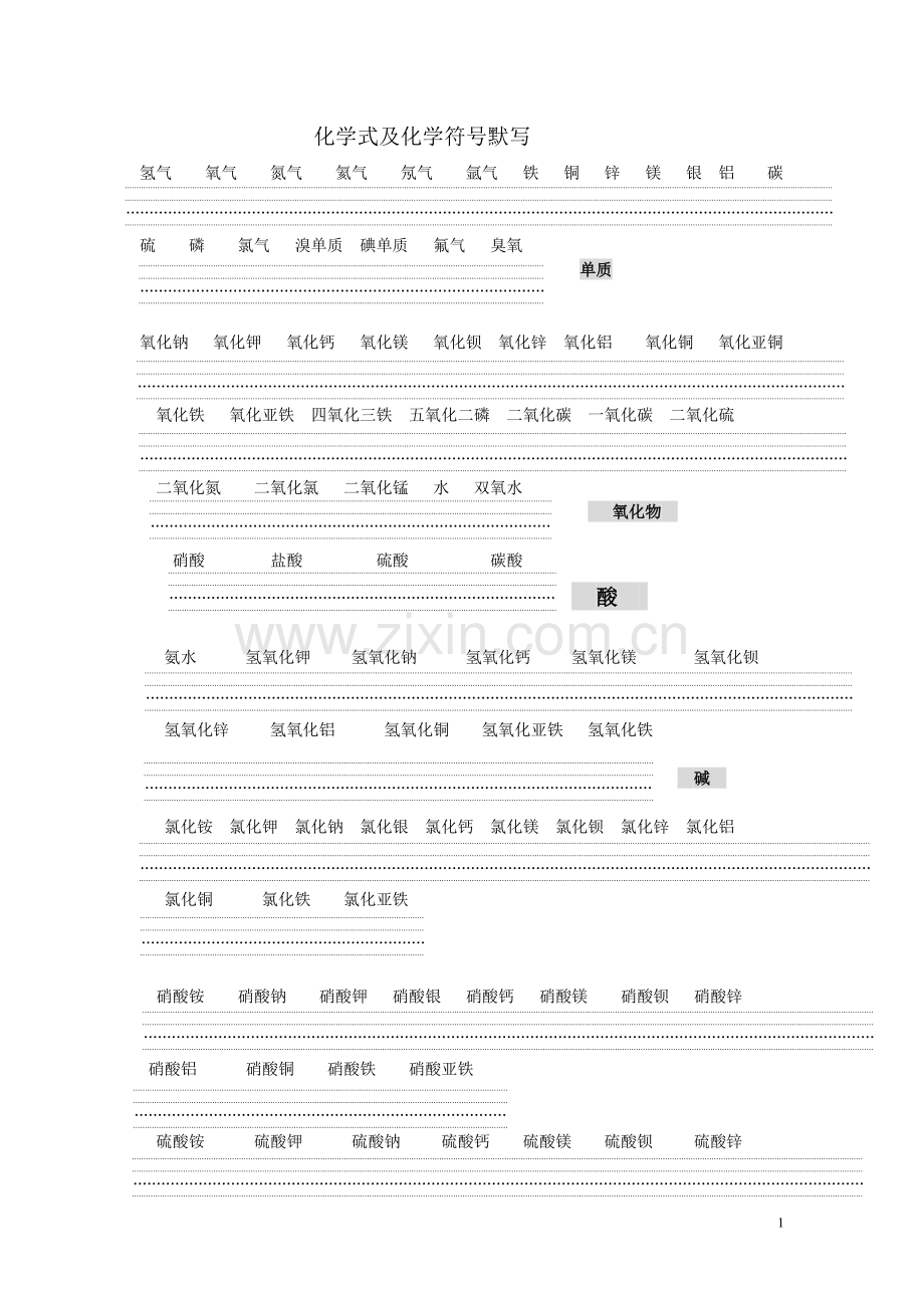 初中化学式及化学用语默写.doc_第1页