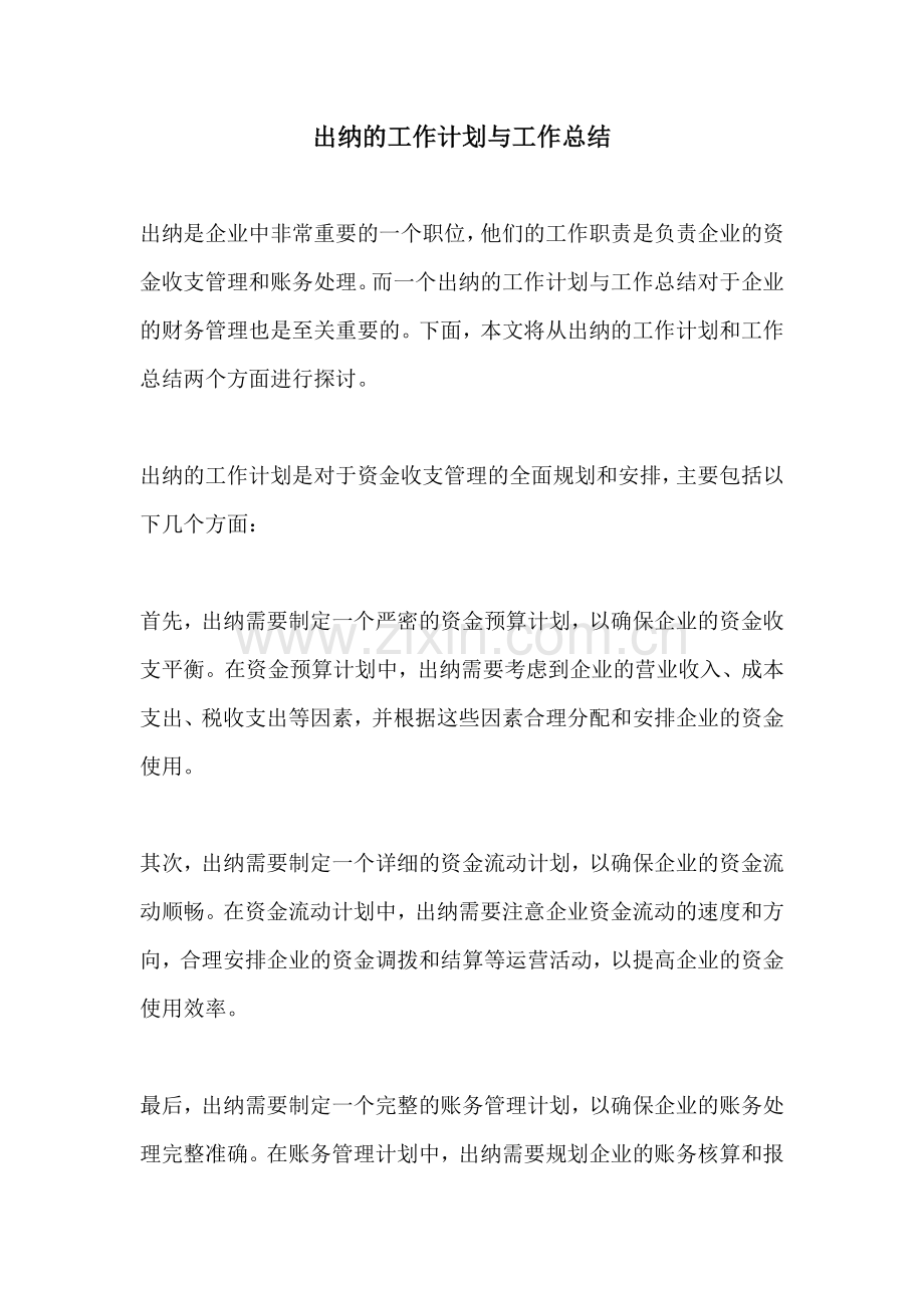 出纳的工作计划与工作总结.docx_第1页