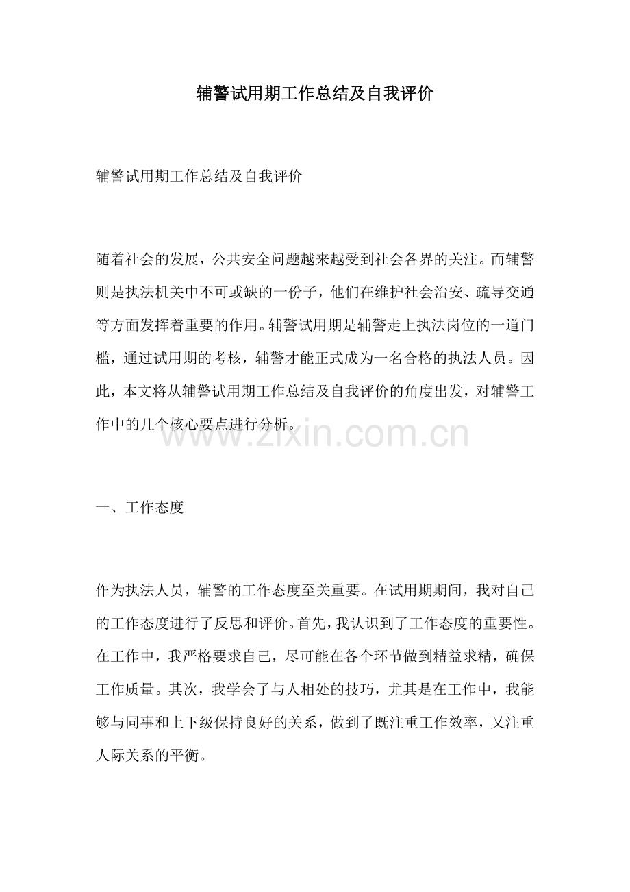 辅警试用期工作总结及自我评价.docx_第1页