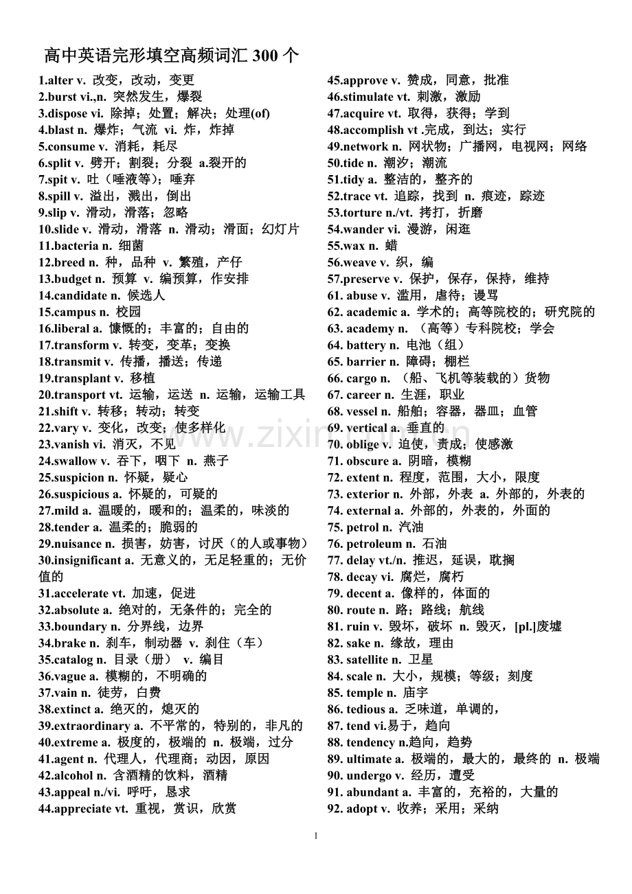 高中英语完形填空高频词汇300个.doc_第1页