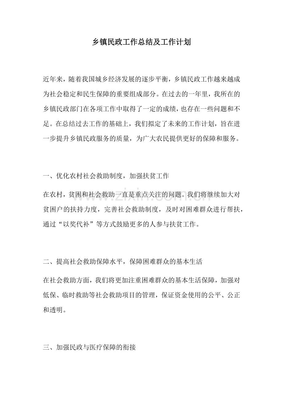 乡镇民政工作总结及工作计划.docx_第1页