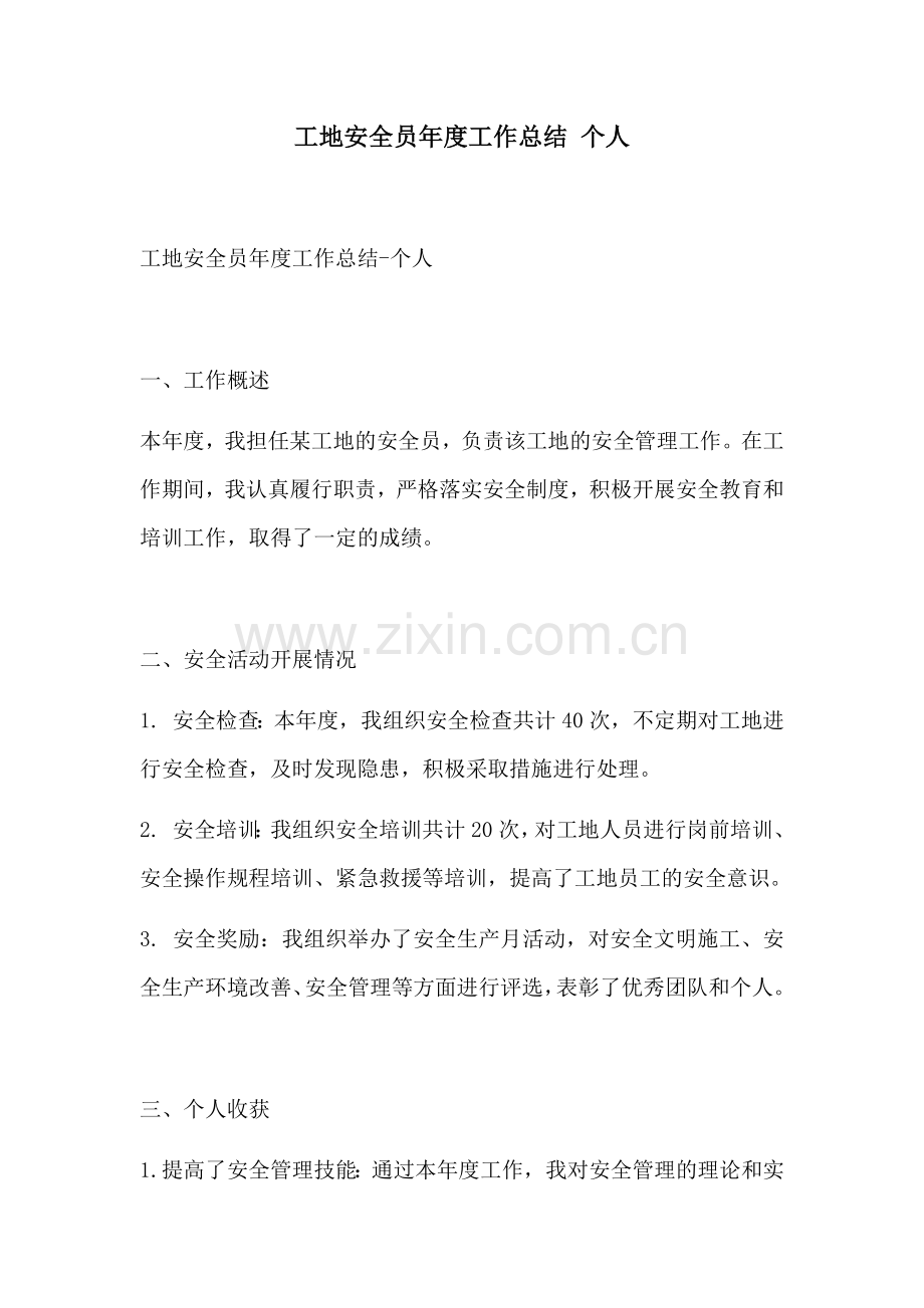 工地安全员年度工作总结 个人.docx_第1页