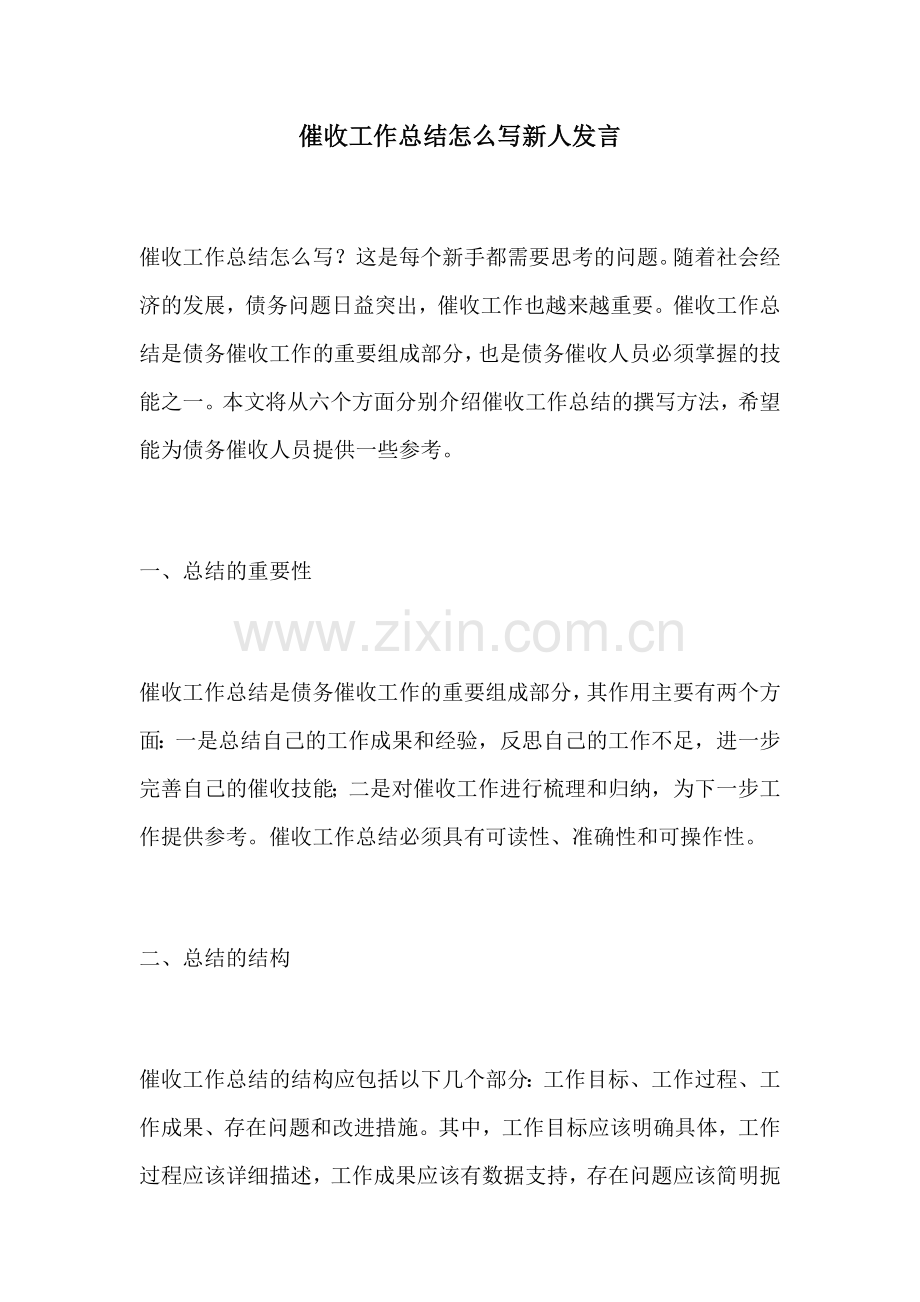 催收工作总结怎么写新人发言.docx_第1页