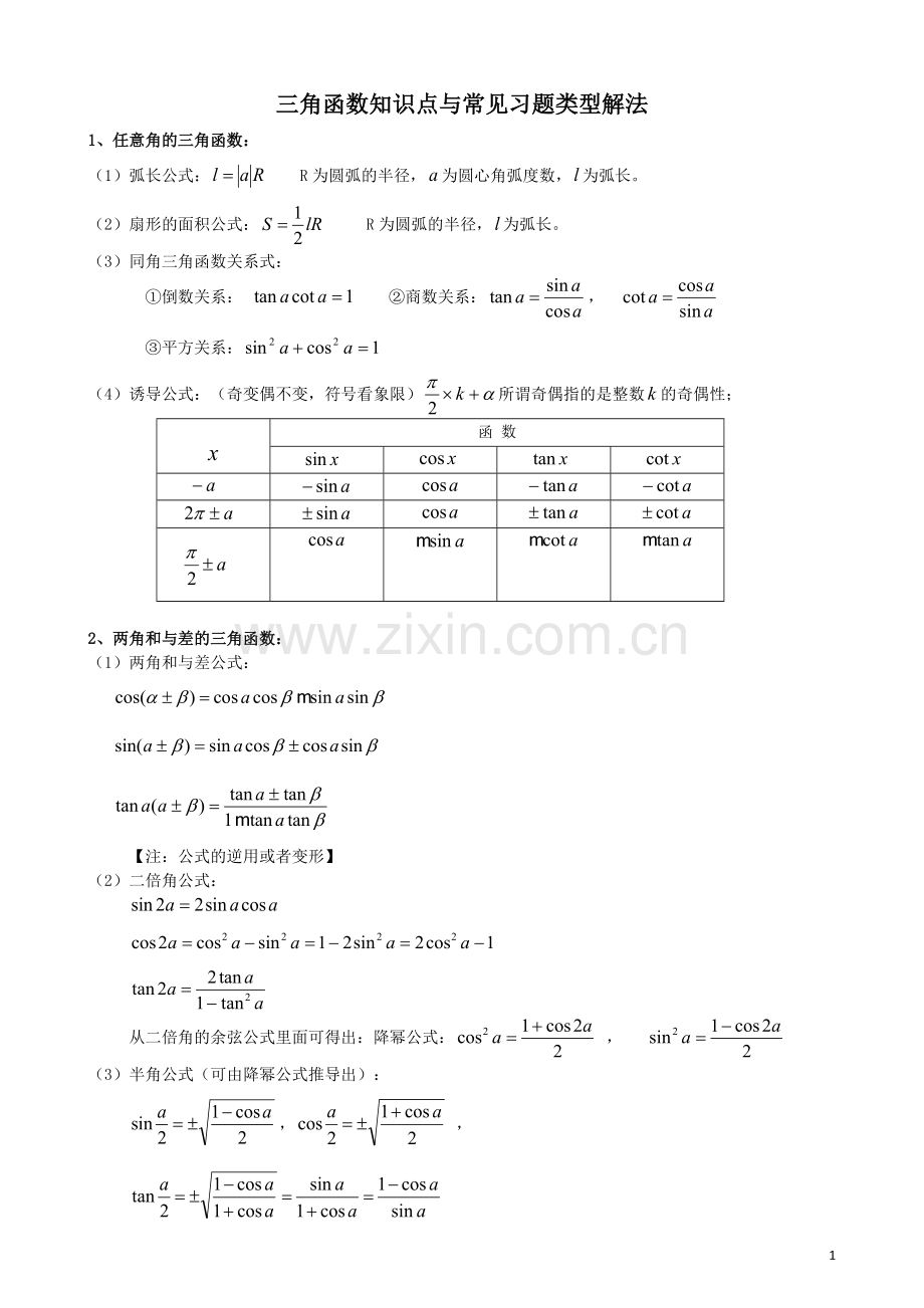 高中三角函数知识点与常见习题类型解法.pdf_第1页