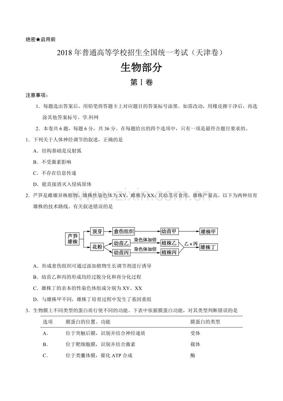 精校版天津理综生物高考试题文档版含答案.doc_第1页