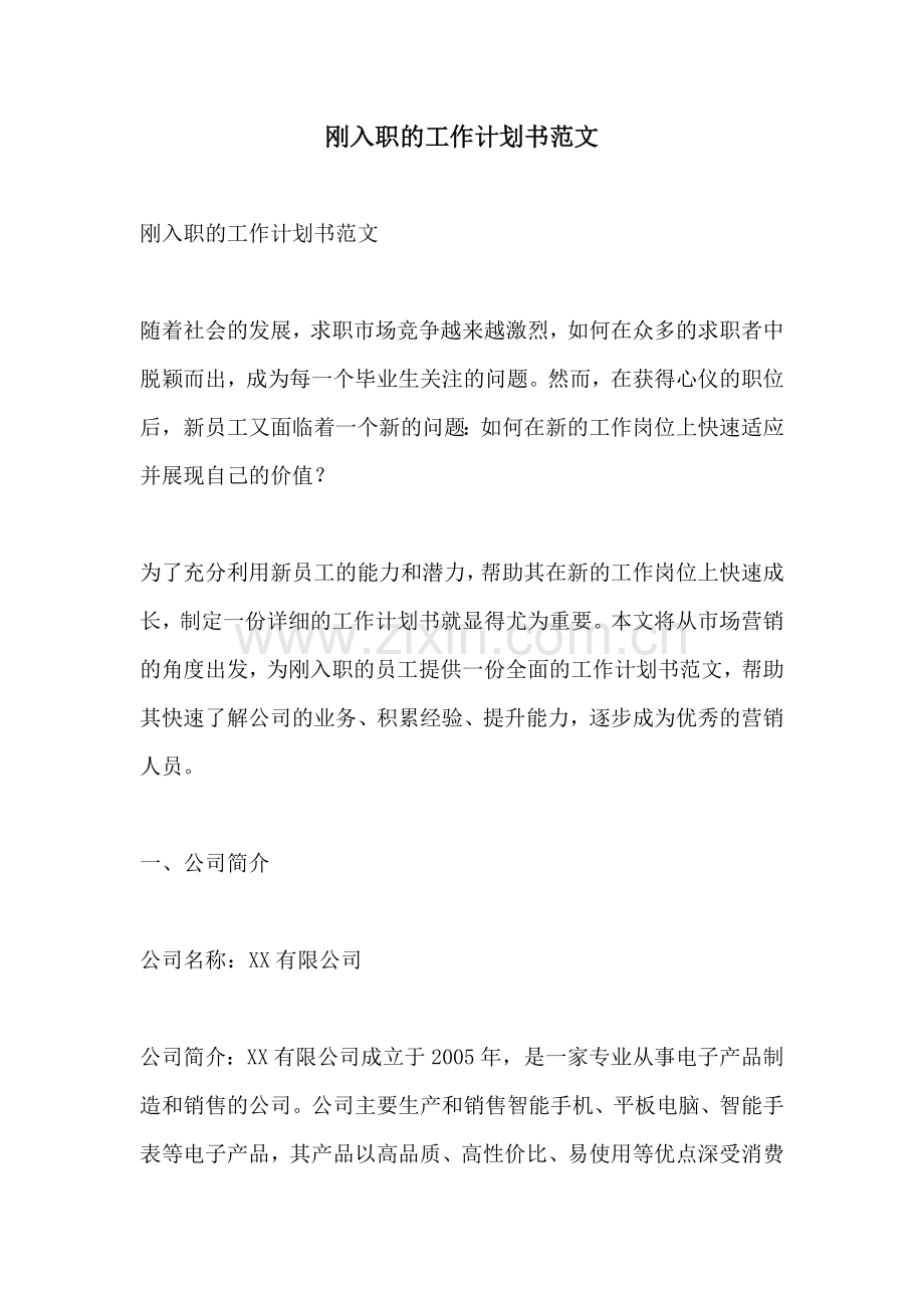 刚入职的工作计划书范文.docx_第1页